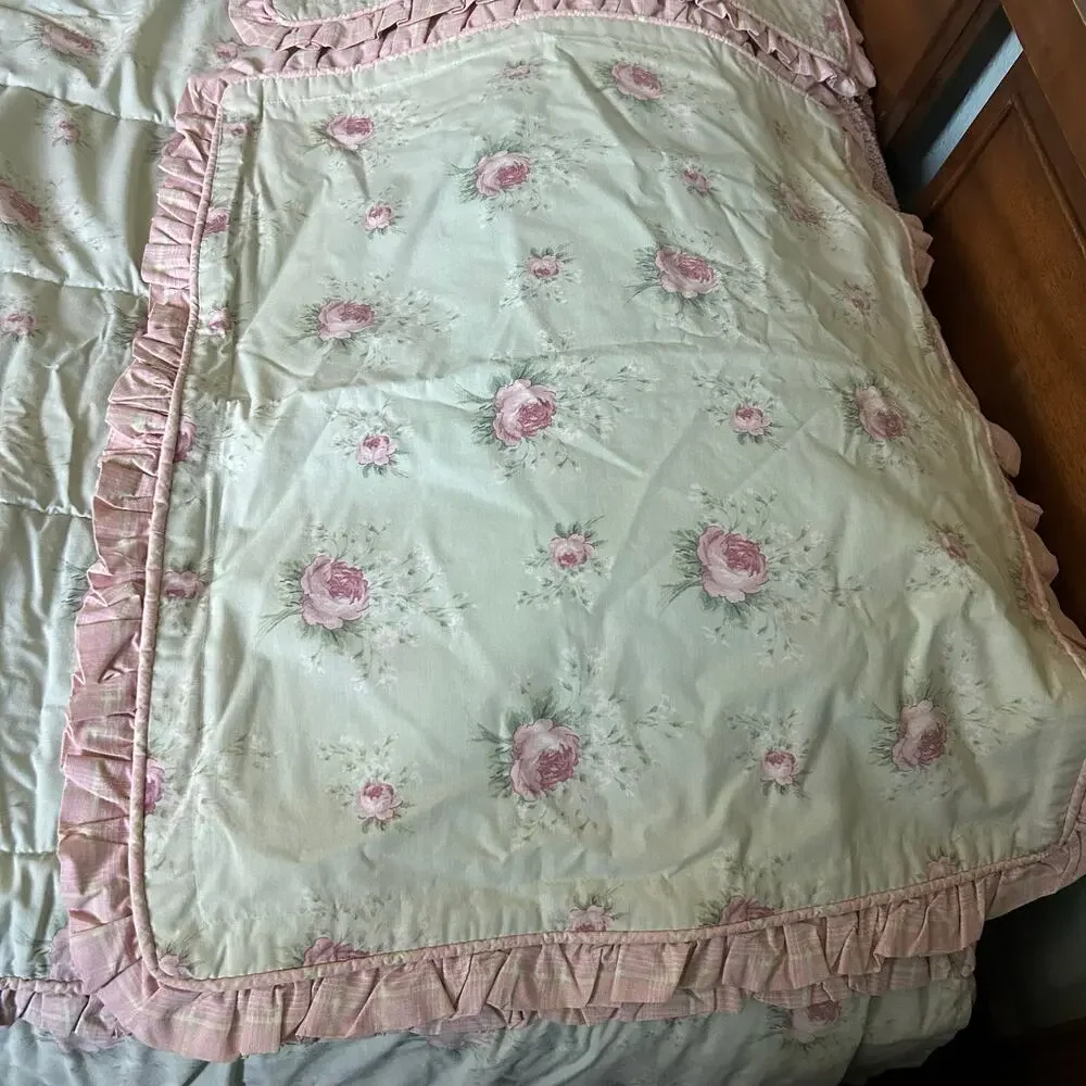 Laura Ashley Green Pink Rose rosemoor full comforter 2 shams cottage core ruffle
